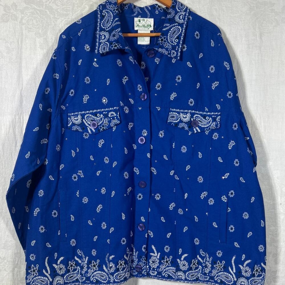 Quacker Factory Jacket 2X Blue Bandana Print Beaded Rhinestone Detail Vintage